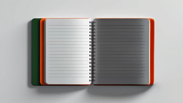 green and orange notebook opened to a blank page, placed on a light-colored surface with soft bokeh light effects in the background