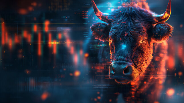 Elegant representation of a bull market with a stylized bull and upward-trending stock charts, illustrating financial prosperity.