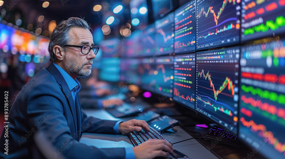 Poster trading floor with multiple screens displaying real-time financial market data, showcasing dynamic f