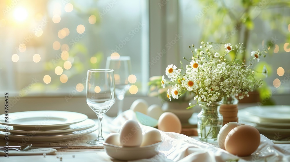 Poster spring themed table setting with empty space soft focus on window adorned with eggs and flowers