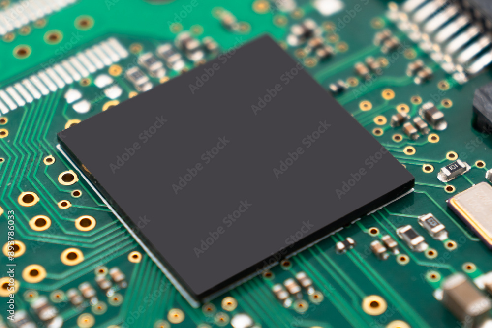 Poster circuit board with resistors microchips and electronic components background. computer hardware tech