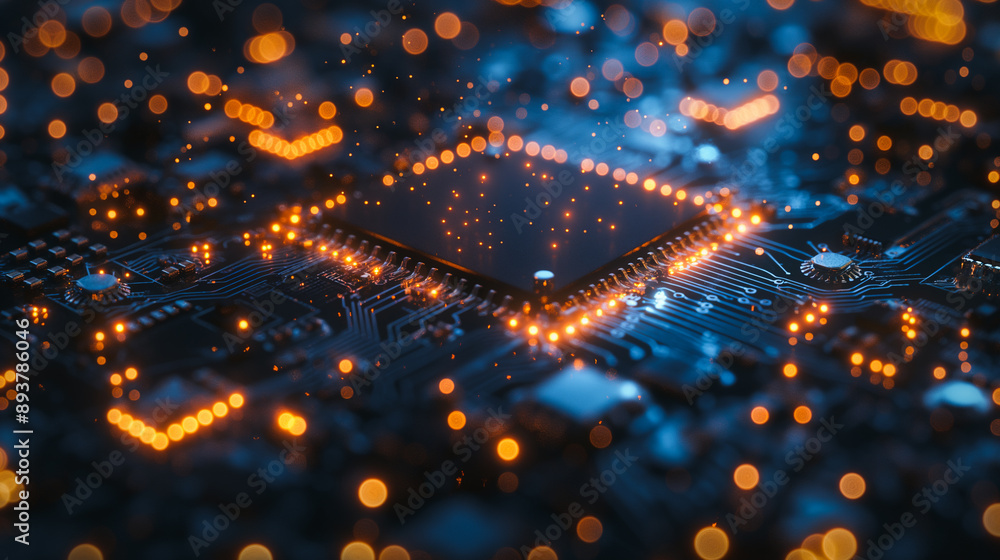 Poster high-tech blue circuit background with a 3d representation of chip technology and innovation.