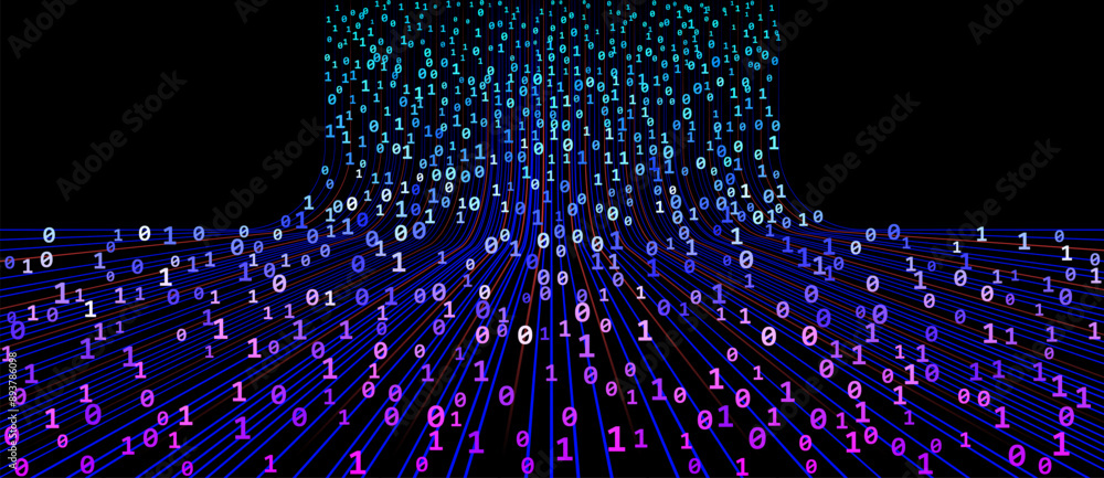 Poster Big data technology and data science illustration. Data flow concept. Neural network for artificial intelligence. Data mining.