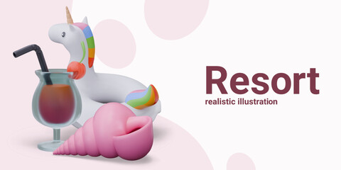 Bright advertising for resort business. Cocktail glass, unicorn inflatable ring, pink seashell