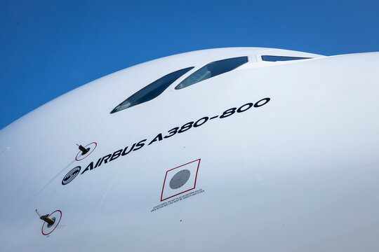 Berlin, Germany - June 6 2024: Sensors, static port and pitot tube on the nose section of an Airbus A380 widebody airliner cockpit section.