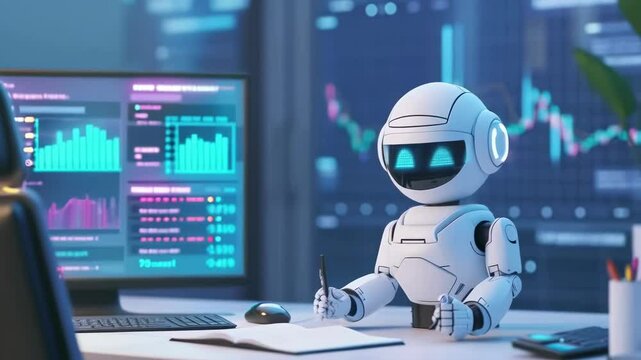 A humanoid robot, resembling a white, futuristic design, is seated at a desk in a modern office, analyzing financial data displayed on dual computer screens. The background features more financial