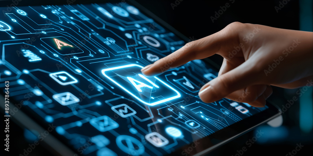 Poster Software developer touching artificial intelligence icon on digital tablet screen