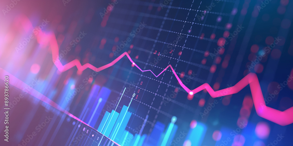 Poster red line graph is falling down in stock market showing recession