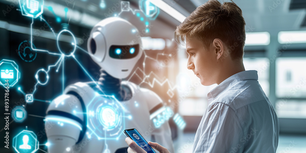 Poster Young engineer programming humanoid robot using smartphone app with augmented reality