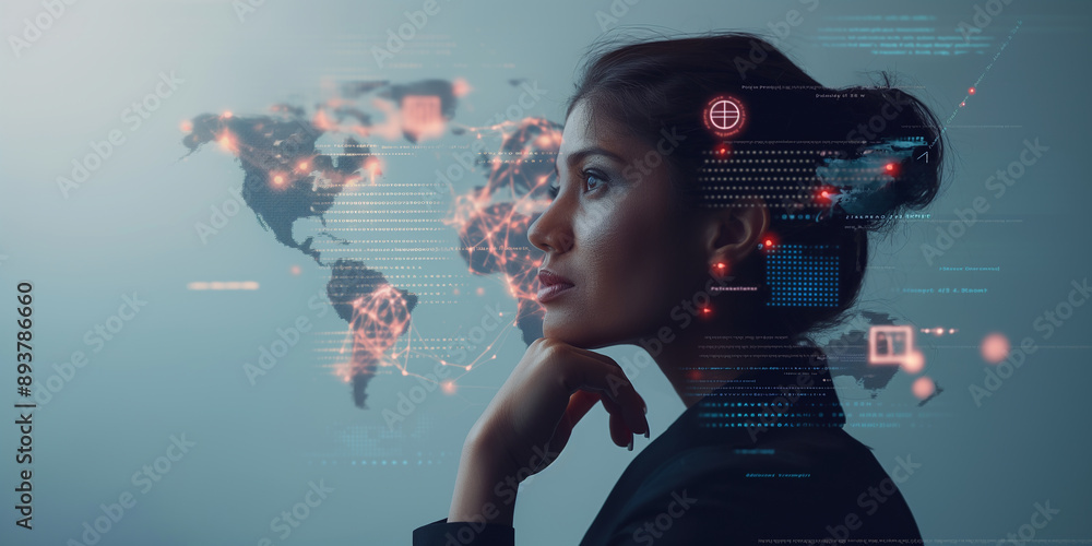 Poster Businesswoman analyzing hologram of global network with data connecting points around the world