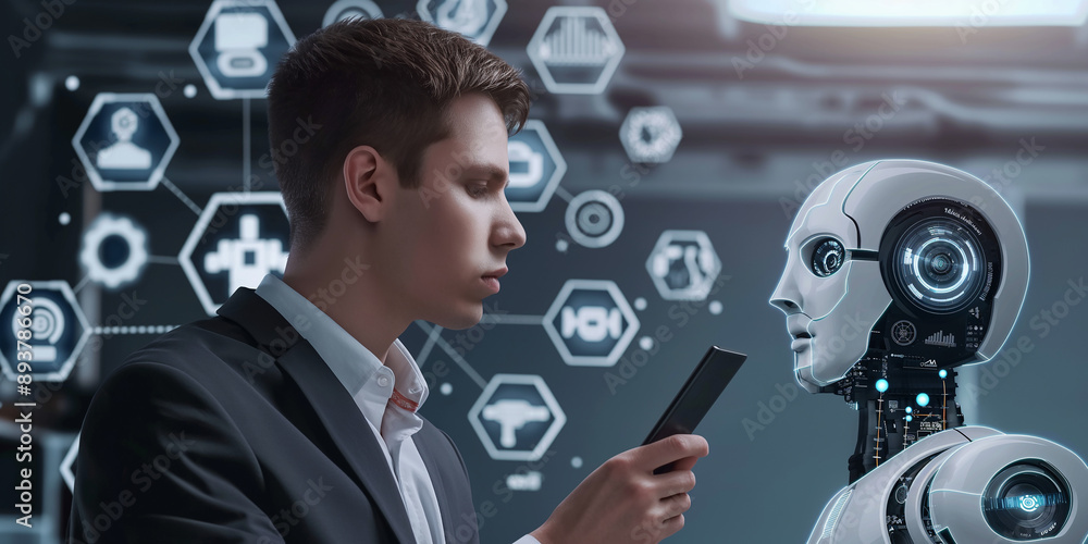 Aufkleber Businessman using smartphone connecting with artificial intelligence robot