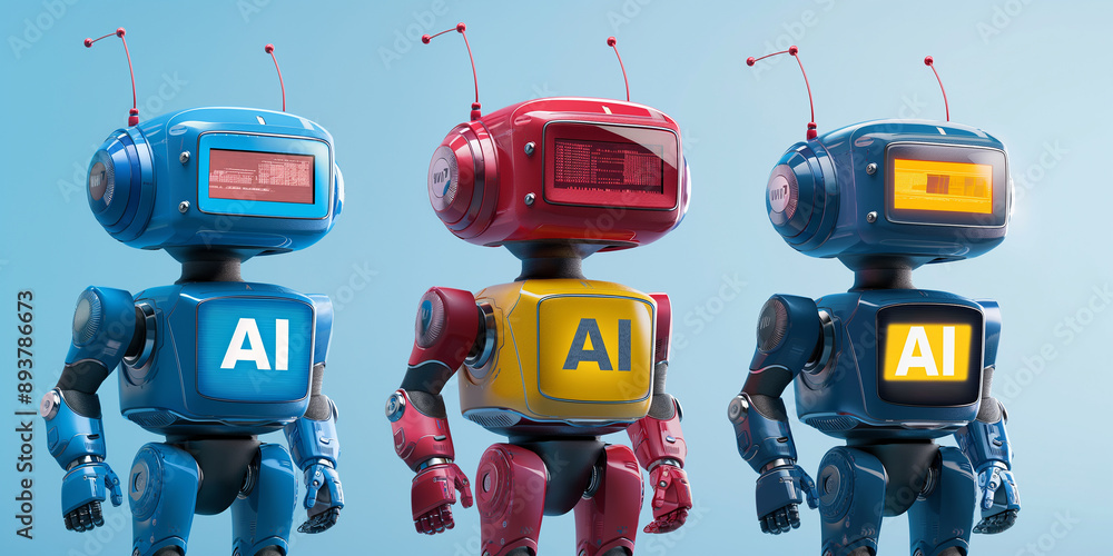 Poster Three robots standing and showing artificial intelligence logo on chest