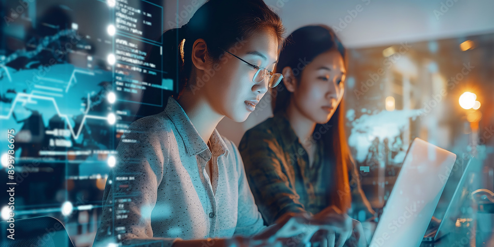 Poster Software developers working late using laptop computer programming code