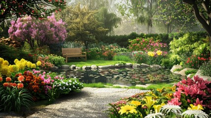 Serene Oasis Vibrant Garden with Blooming Flowers Pond and Bench for Peaceful Relaxation