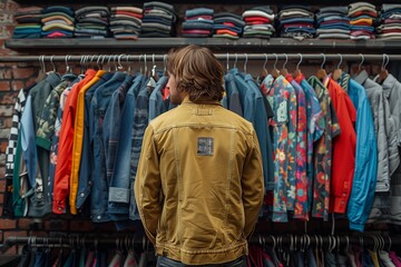 Obraz premium Man in Yellow Jacket Shopping for Clothes in a Store