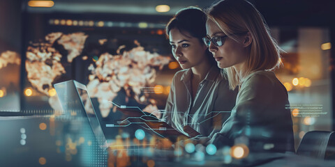 Two businesswomen working late analyzing big data on laptop computer with digital overlay