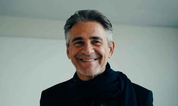 Medium shot portrait video of a pleased man in his 40s wearing a foulard against a minimalist or empty room background
