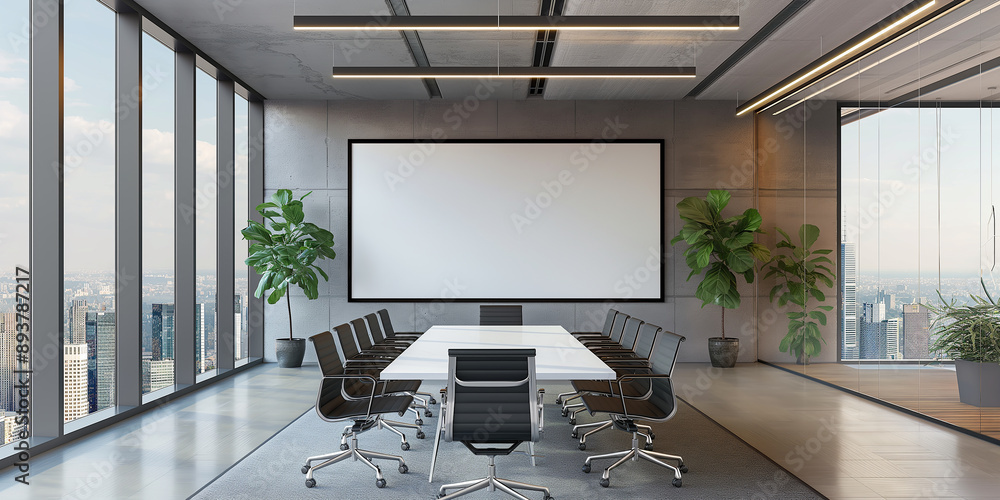 Poster Modern boardroom with a view overlooking the city featuring a blank whiteboard for your message