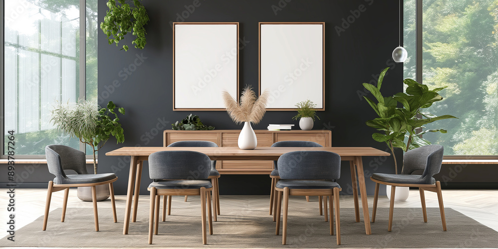 Poster modern and minimalist dining room with large windows showing greenery
