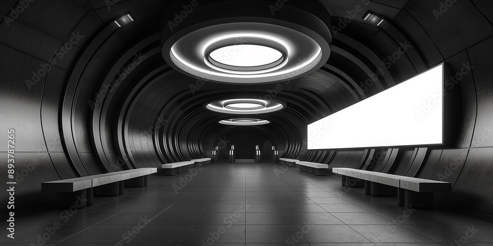Poster futuristic empty spaceship corridor with big blank white mock up banner