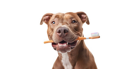 A dog with a toothbrush in his teeth