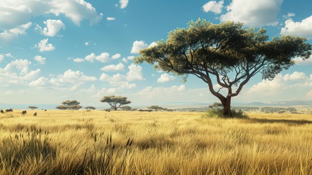 A vast savanna stretches under a vast sky, dotted with acacia trees and roaming wildlife in the African wilderness