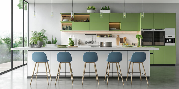Modern green and white kitchen with island featuring bar stools