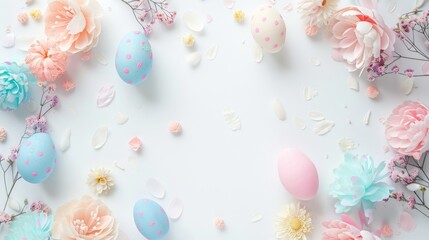 Easter themed background with pastel color decorations on white background