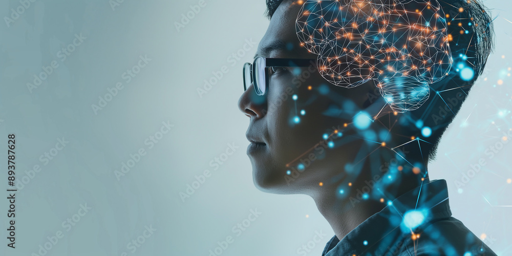 Poster young man thinking with brain artificial intelligence side view