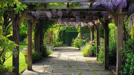 A vine-covered pergola in a garden courtyard, adorned with climbing roses and wisteria in full bloom, providing shade and beauty in the warm spring sunshine.