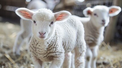 Obraz premium Adorable young lambs on a farm with room for text