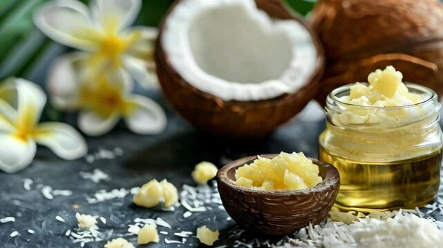 Shea butter, coconut oil, beeswax, essential oils, natural cosmetic ingredients, still life, skin care consept
