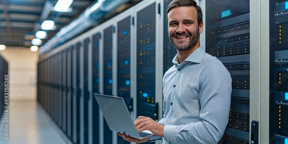 Poster it engineer smiling and working on laptop in server room corridor
