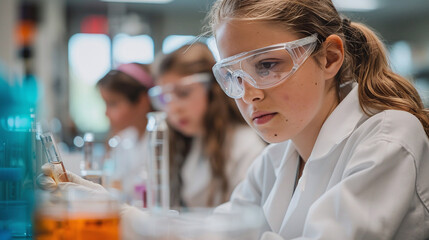 School Science Lab: Group of students wearing lab coats and safety goggles, conducting experiments in a school science lab.