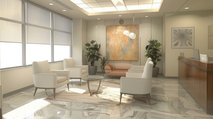 A welcoming waiting room with a designated area for patient registration and administrative tasks, ensuring efficiency and convenience for guests