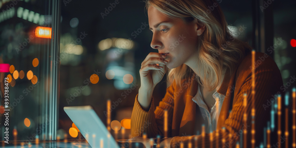 Aufkleber businesswoman working late using laptop and analyzing financial data with graphs and charts