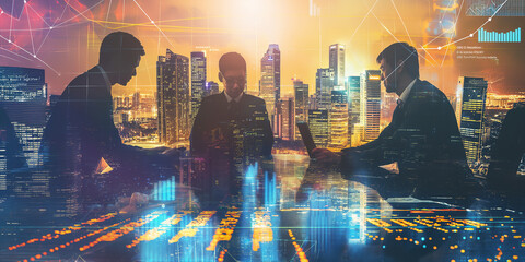 Business team working late at night with city skyline and technology graphics double exposure effect