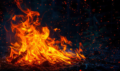 Captivating Nighttime Campfire in the Forest Casting a Warm Glow with Sparks Flying Against Dark Background for Outdoor Adventure and Relaxation Concepts