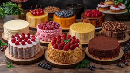 Beautifully decorated cakes covered with whipped cream and having soft and fluffy texture. Minimalistic design style. Business project.
