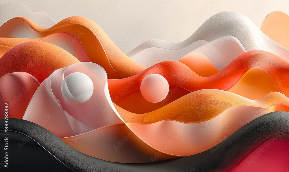 Poster vibrant abstract landscape with smooth curves and spheres in warm tones depicting dynamic flow and h