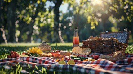 Serene Outdoor Picnic Scene Relaxation in Nature with Checkered Blanket and Delicious Food Spread
