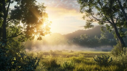 Dawn's Embrace A Majestic Sunrise Illuminating a Verdant Forest Inspiring Peace and Renewal