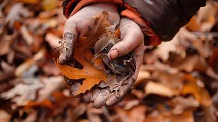 A wildlife rehabilitator cares for injured birds found among oak and walnut leaves, providing sanctuary during their autumn migration.