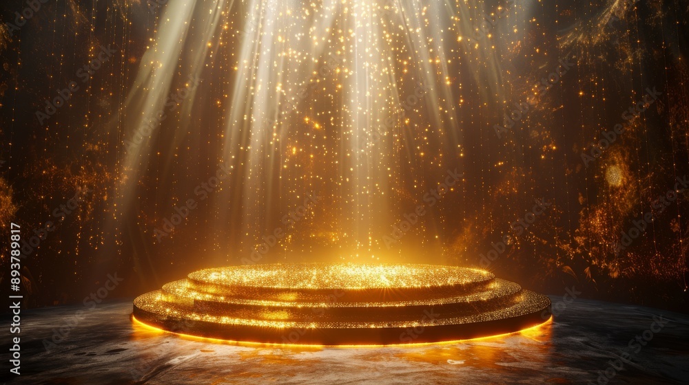 Poster a golden platform illuminated by light rays and sparkles