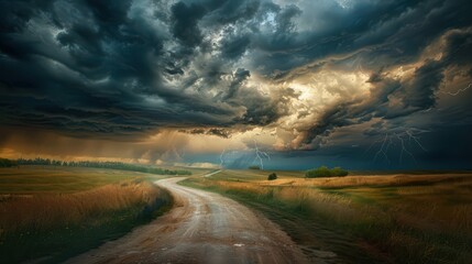 A winding road leads into the heart of storm clouds, the dark sky casting an ominous shadow over the landscape