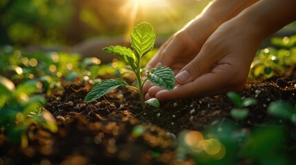 Fototapeta premium Close-up of hands nurturing a young plant in soil with sunlight in the background, symbolizing growth, care, and the environment.