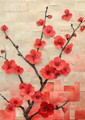 Red Paper Flowers Collage Art