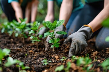 Naklejka premium Close-up of people planting seedlings in garden soil, wearing gloves, teamwork and environmental sustainability concept.