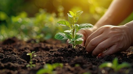 Hands planting a young seedling in soil with sunlight in background, symbolizing growth, nature, and environmental care.
