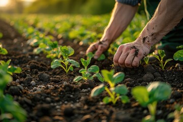 Hands planting young seedlings in fertile soil at sunset, nurturing growth and sustainability in an organic farm field.